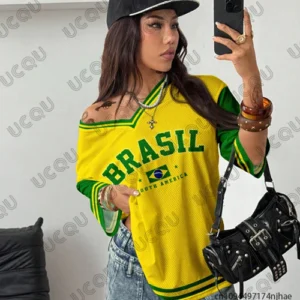 Summer New Brazil Print T Shirt For Women V-Neck Patchwork Short
