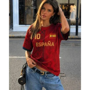 Spain 10 Flag Soccer Fan T-Shirt Crewneck Short Sleeve